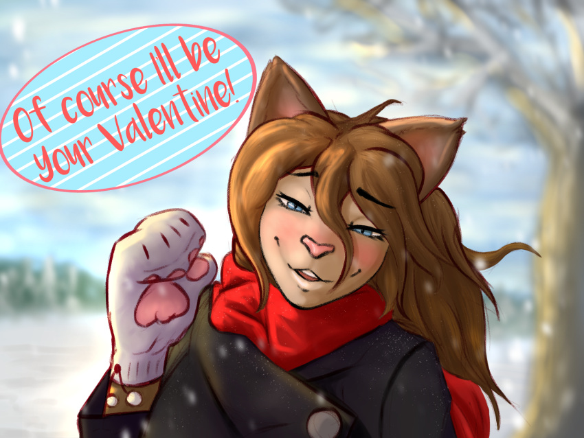 androidz anthro blush celest_(androidz) clothing coat cold domestic_cat felid feline felis female gloves hair handwear head_shot hi_res holidays long_hair mammal mittens open_mouth scarf smile solo topwear valentine's_day