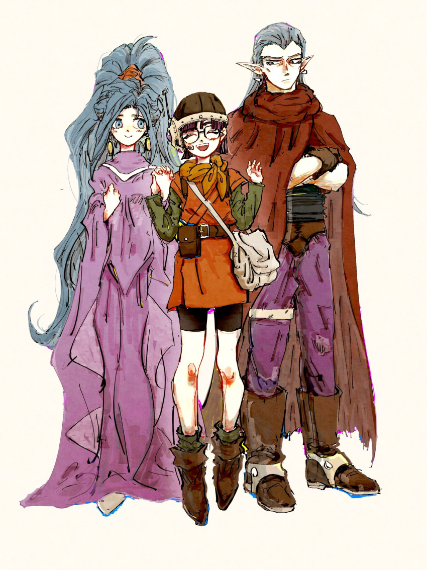 1boy 2girls amakekke bag beige_background belt black_shorts blue_hair blush brown_footwear brown_gloves cape chrono_trigger closed_eyes crossed_arms dress frown glasses gloves green_shirt hairband hat highres holding_hands long_dress long_hair looking_at_another lucca_ashtear magus_(chrono_trigger) multiple_girls open_mouth orange_hairband orange_shirt pants pointy_ears ponytail purple_hair purple_pants purple_robe red_cape schala_zeal shirt short_hair shorts simple_background smile very_long_hair