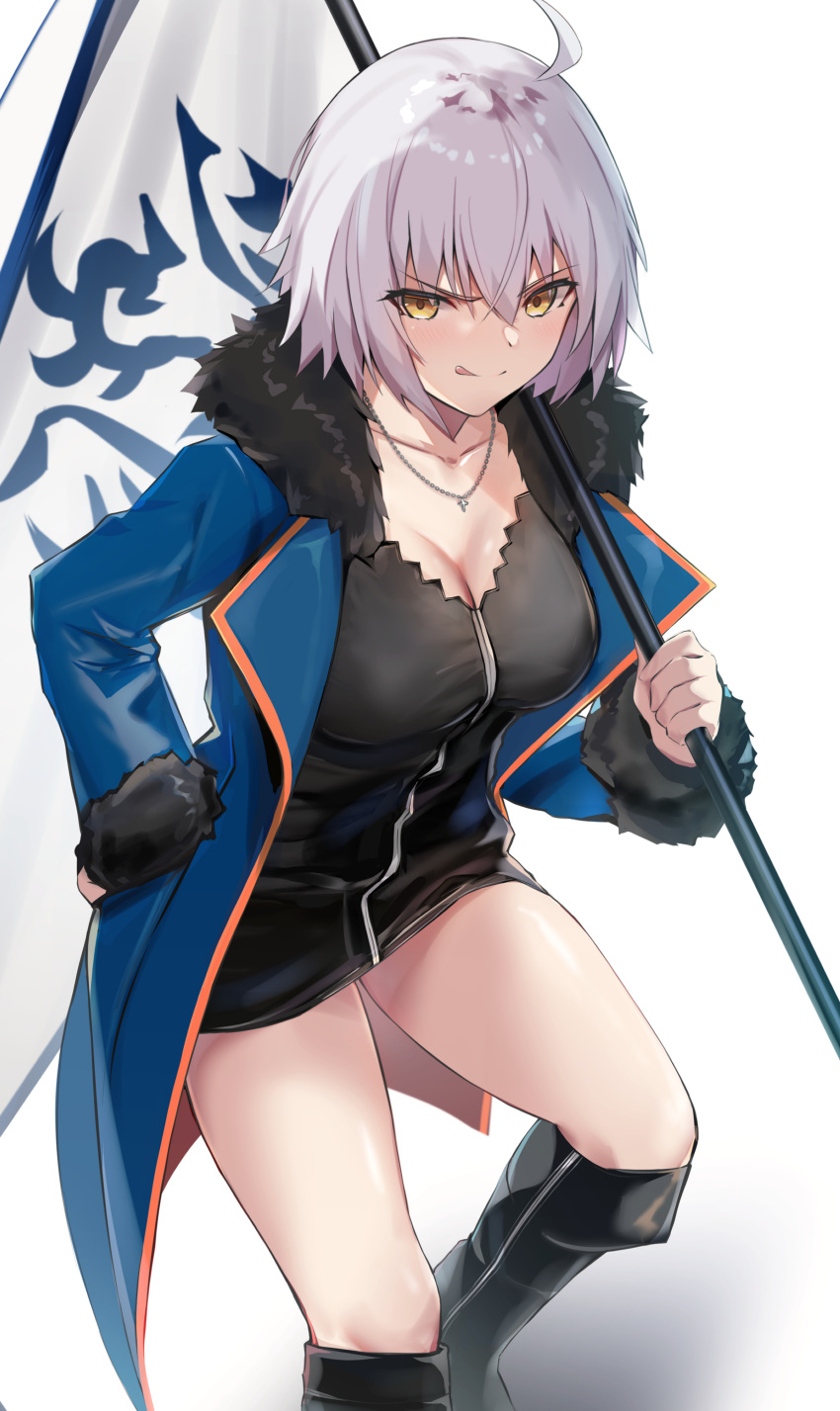 1girl :q absurdres ahoge bangs bee_doushi black_dress black_footwear blue_jacket blush boots breasts cleavage closed_mouth collarbone dress fate/grand_order fate_(series) flag flagpole fur-trimmed_jacket fur_trim highres holding holding_flag holding_pole jacket jeanne_d'arc_(alter)_(fate) jeanne_d'arc_(fate) jewelry knee_boots large_breasts leaning_forward looking_at_viewer necklace pole short_dress short_hair solo tongue tongue_out v-shaped_eyebrows white_hair yellow_eyes
