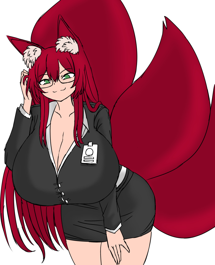 absurdres animal_ear_fluff animal_ears breasts deculture fox_ears fox_girl fox_tail glasses green_eyes highres huge_breasts leaning_forward non-web_source office_lady red_hair tail