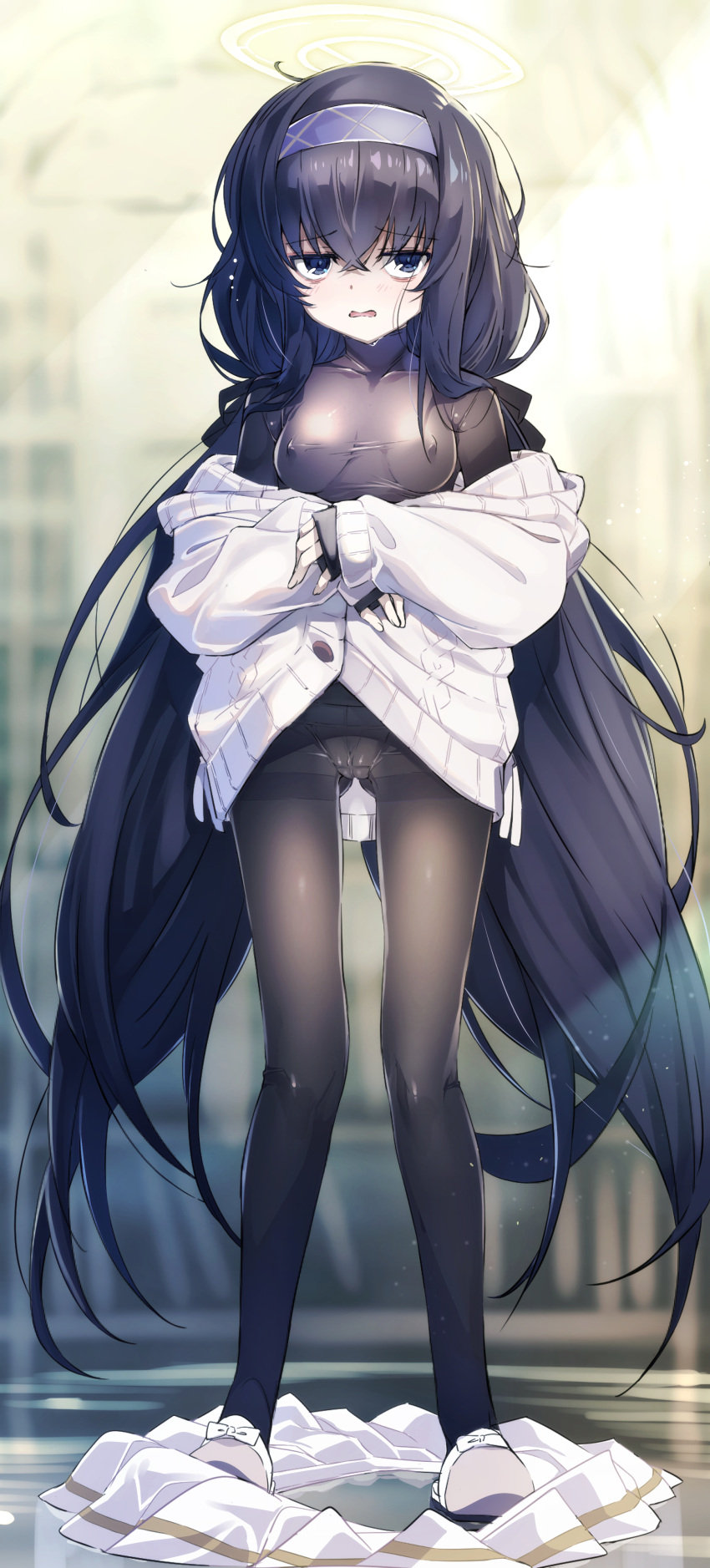 1girl absurdres ahoge ass_visible_through_thighs bangs black_hair black_legwear blue_archive blush breasts cameltoe cardigan clothes_lift covered_nipples erect_clitoris eyebrows_visible_through_hair full_body hairband halo highres library lifted_by_self long_hair long_sleeves looking_at_viewer low_twintails niko_(tama) no_bra off_shoulder open_clothes open_mouth panties pantyhose purple_eyes school_uniform see-through serafuku skirt skirt_lift sleeves_past_wrists solo standing sweater twintails ui_(blue_archive) underwear very_long_hair white_footwear white_panties