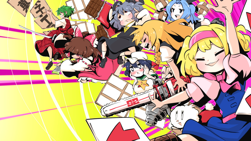 6+girls akira_(cookie) alice_margatroid animal_ears bangs black_eyes black_footwear black_hair black_skirt blonde_hair blue_dress blunt_bangs blush bow braid breasts brown_hair candy capelet chainsaw chocolate chocolate_bar closed_eyes closed_mouth collared_shirt colored_skin commentary_request cookie_(touhou) detached_sleeves dress flat_chest flour_(cookie) food full_body gaba_physics gram_9 grater green_hair grey_dress grey_hair grin hair_bow hairband hakurei_reimu hands_on_own_cheeks hands_on_own_face highres holding holding_sword holding_weapon ichigo_(cookie) katana kazami_yuuka kirisame_marisa kumoi_ichirin large_breasts layered_clothing long_skirt long_sleeves looking_to_the_side milk_(cookie) mouse_ears mouse_girl multiple_girls murasa_minamitsu nazrin necktie nyon_(cookie) open_mouth pink_eyes pink_hairband pink_necktie pink_sash plaid plaid_skirt plaid_vest puffy_short_sleeves puffy_sleeves red_bow red_eyes red_skirt red_vest ribbon-trimmed_sleeves ribbon_trim rurima_(cookie) sailor_collar sash shirt shoes short_hair short_sleeves shouji side_braid single_braid skirt skirt_set sliding_doors smile socks star_(symbol) stuffed_animal stuffed_bunny stuffed_toy suzu_(cookie) sword touhou vest weapon white_capelet white_legwear white_sailor_collar white_shirt white_skin white_sleeves