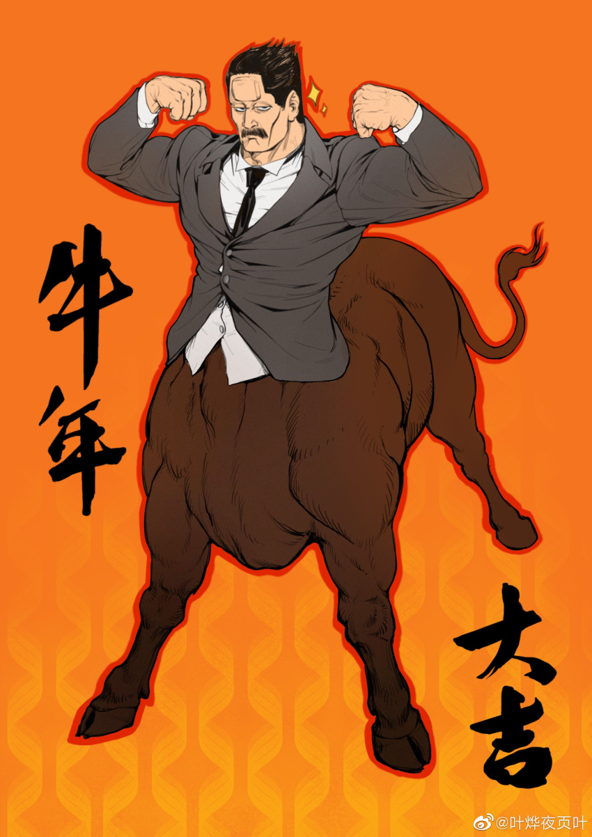 1boy absurdres bara between_pectorals biceps black_eyes black_hair bursting_pectorals centauroid chinese_zodiac cow_boy cow_tail facial_hair flexing formal full_body golden_kamuy grey_suit happy_new_year highres male_focus mature_male monsterification muscular muscular_male mustache necktie necktie_between_pectorals new_year pectorals pose short_hair sideburns solo sparkle suit tail taur ushiyama_tatsuma ye_(ye79132751) year_of_the_ox