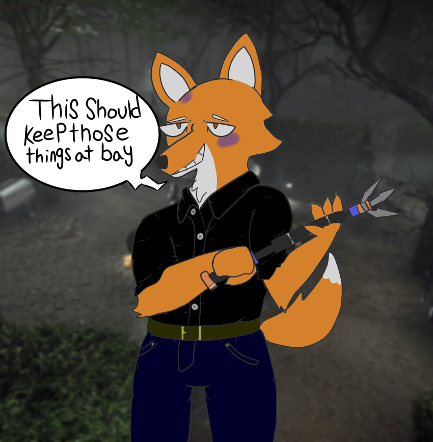 anthro bottomwear bruised canid canine claws clothing cursed_image denim denim_clothing digital_media_(artwork) dress_shirt fox hi_res humor jeans male mammal neck_tuft pants phant0mhat raised_tail shirt sketch smile smug solo speech_bubble text topwear tuft video_games weapon