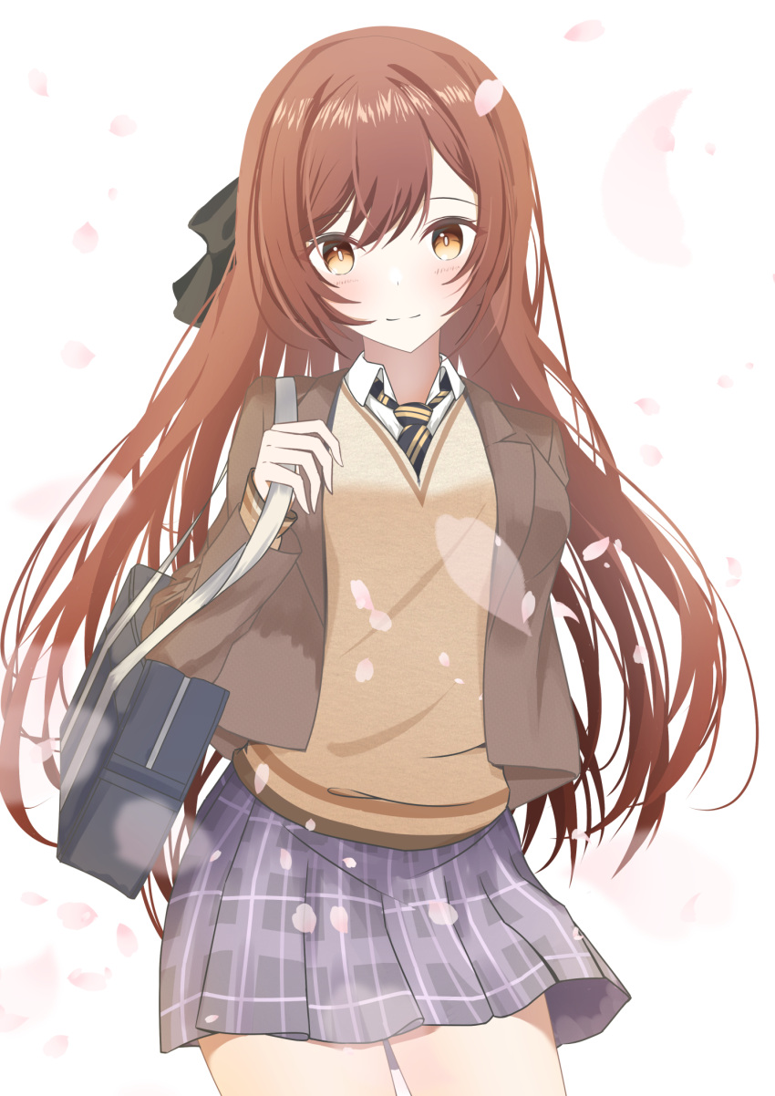 1girl bag beige_vest blazer blush brown_jacket cherry_blossoms cowboy_shot falling_petals highres idolmaster idolmaster_shiny_colors jacket light_smile long_hair looking_at_viewer necktie oosaki_amana petals plaid plaid_skirt pleated_skirt red_hair school_bag school_uniform simple_background skirt solo straight_hair vami very_long_hair vest yellow_eyes