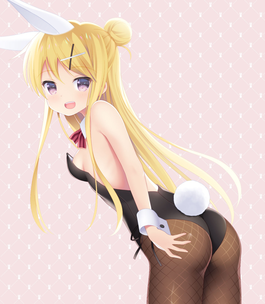 1girl animal_ears ass black_leotard blonde_hair bow bowtie breasts brown_legwear cowboy_shot detached_collar fishnet_legwear fishnets hair_bun hair_ornament hairclip highres kin-iro_mosaic kujou_karen kurasawa_kyoushou leaning_forward leotard long_hair looking_at_viewer pantyhose pink_background playboy_bunny polka_dot polka_dot_background purple_eyes rabbit_ears rabbit_tail red_bow red_bowtie side_bun small_breasts solo strapless strapless_leotard striped striped_bow striped_bowtie tail wrist_cuffs x_hair_ornament