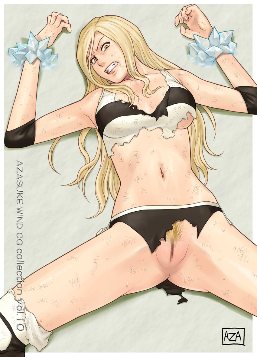 1girl angry azasuke blonde_hair bruise bruised censored clenched_teeth from_above highres ice injury julia_(rave_master) long_hair lying midriff navel on_back pubic_hair pussy rave rave_master restrained solo spread_legs sweat tank_top teeth thighhighs torn_clothes yellow_eyes