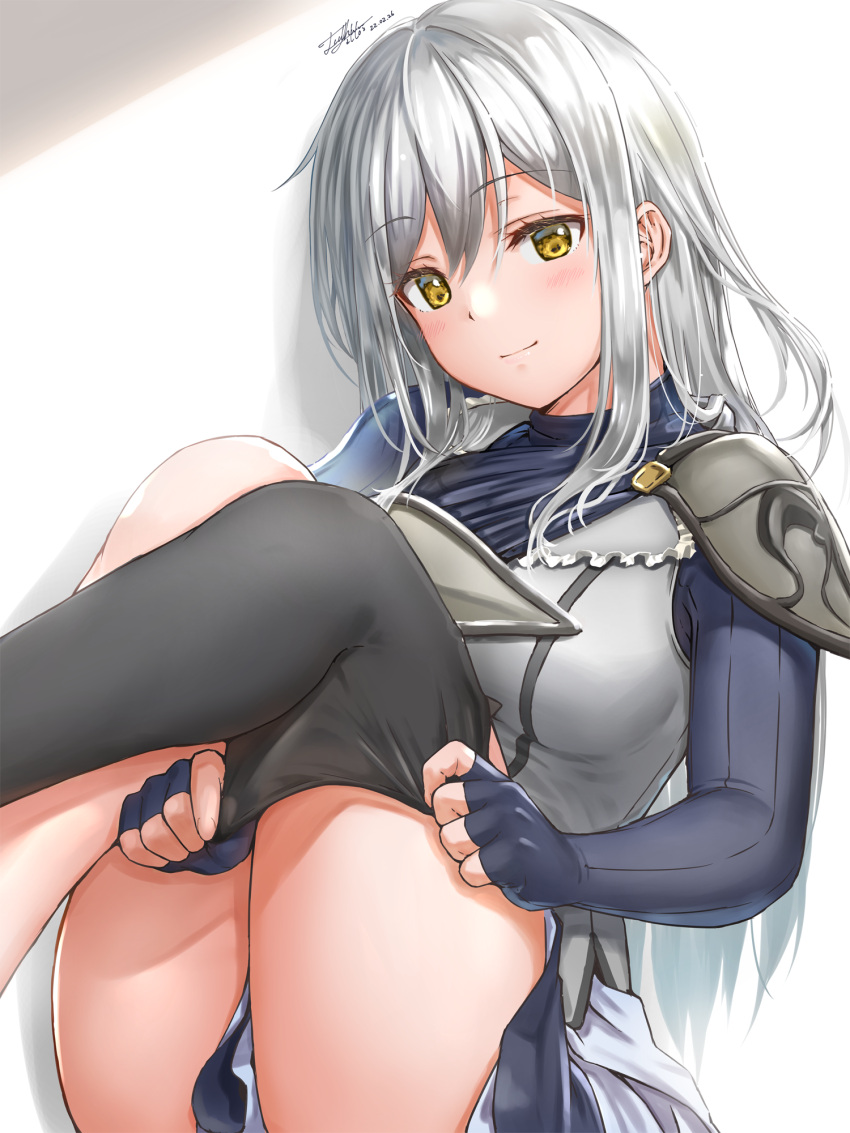 1girl adjusting_clothes adjusting_legwear armor black_legwear commentary_request dated eyebrows_visible_through_hair fingerless_gloves flower_knight_girl ginryousou_(flower_knight_girl) gloves highres long_hair long_sleeves looking_at_viewer shoulder_armor signature silver_hair single_thighhigh sitting smile solo thighhighs white_background yellow_eyes yukinoshiro zettai_ryouiki