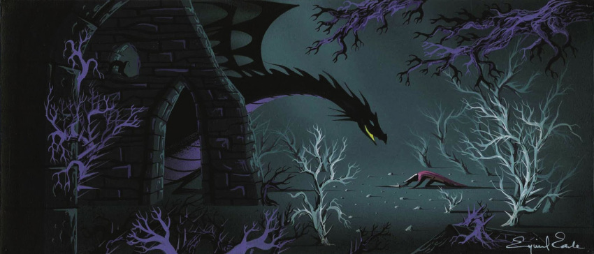 1959 20th_century after_fight ancient_art armor better_version_at_source breath_powers castle concept_art defeated disney dominant dominant_female dragon duo eyvind_earle female feral forest gouache_(artwork) hi_res human interspecies knight larger_feral macro male maleficent mammal melee_weapon official_art outside painting_(artwork) plant ruins scalie size_difference sleeping_beauty_(1959) smaller_human sword traditional_media_(artwork) tree warrior weapon western_dragon