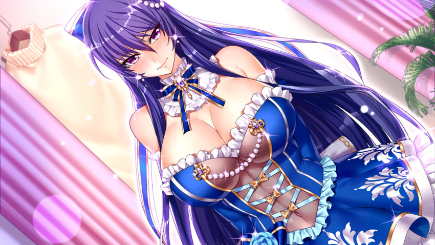 1girl action_taimanin akiyama_rinko arm_behind_back bare_shoulders blue_dress blue_hair blush bow breasts cardigan cleavage covered_navel detached_collar dress dressing_room elbow_gloves eyebrows_visible_through_hair fern frilled_dress frilled_gloves frills gloves hair_bow hair_ornament highres huge_breasts looking_at_viewer non-web_source pink_curtains purple_eyes sparkle taimanin_(series) wall