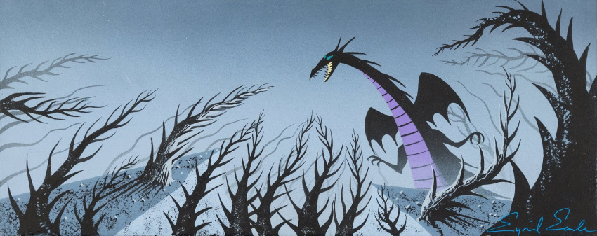 1959 20th_century ancient_art ash_(disambiguation) better_version_at_source concept_art disney dragon evil_face eyvind_earle female feral gouache_(artwork) hi_res human macro maleficent mammal official_art painting_(artwork) plant scalie sleeping_beauty_(1959) snow traditional_media_(artwork) tree western_dragon wings