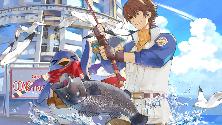 &gt;_&lt; 1boy absurdres belt bird blue_jacket brown_eyes brown_hair cowboy_shot cumulonimbus_cloud day eiyuu_densetsu english_commentary fingerless_gloves fish fishing fishing_rod gloves grin highres holding holding_fishing_rod in-universe_location jacket kyotyan lloyd_bannings multicolored_clothes multicolored_jacket prinny raglan_sleeves red_scarf scarf seagull second-party_source short_hair sky smile sweater turtleneck turtleneck_sweater two-tone_jacket water white_jacket zero_no_kiseki