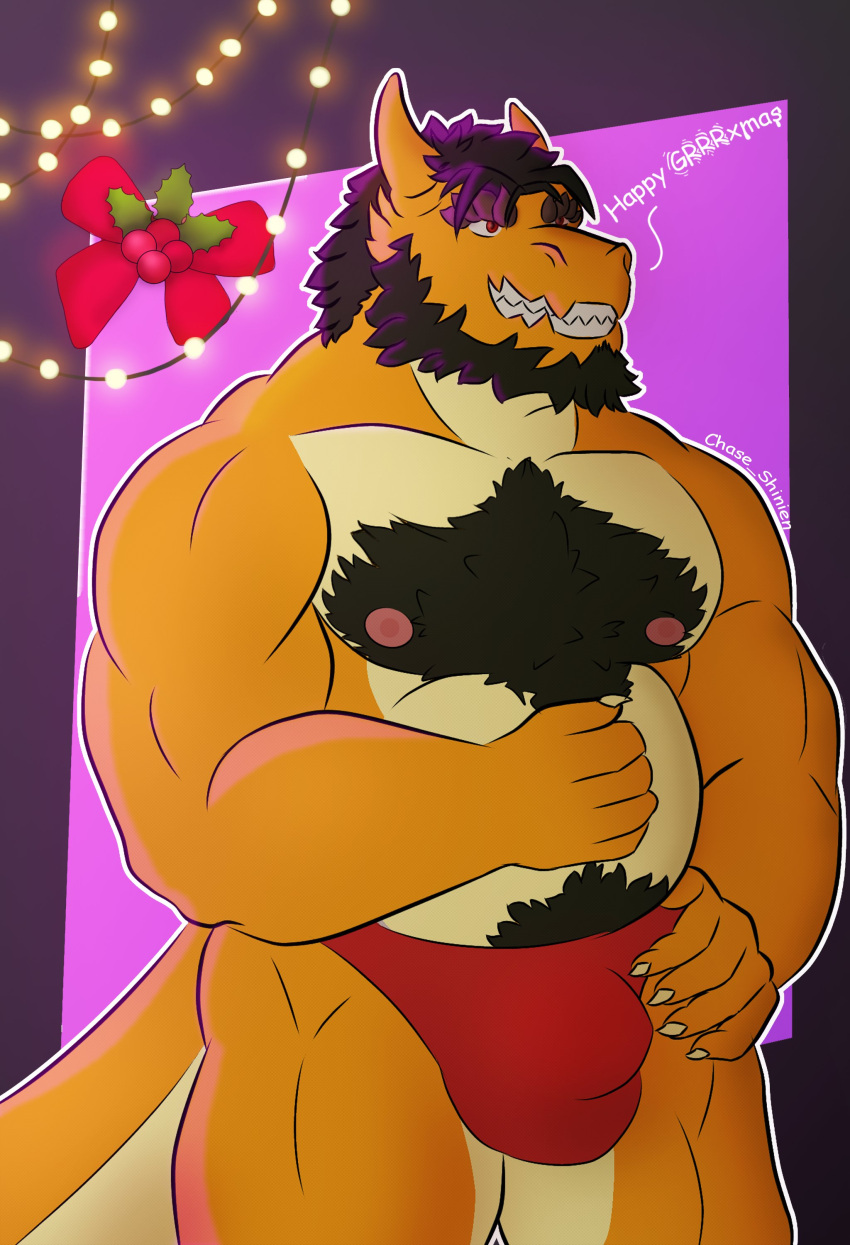 absurd_res anthro beard belly body_hair bulge chase_shinien chest_hair christmas clothing dragon facial_hair father fur furry_dragon hi_res holidays humanoid lights male male/male neon nipples parent pubes pupils red_eyes reptile scalie slit_pupils smile solo thong underwear