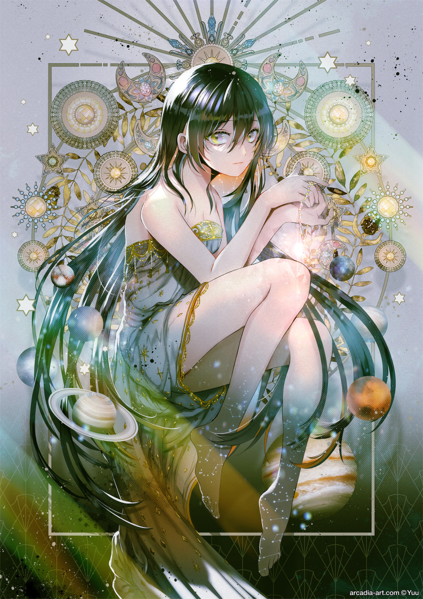 1girl bangs bare_arms bare_shoulders barefoot black_hair brown_hair closed_mouth commentary_request constellation dress eyebrows_visible_through_hair grey_background grey_dress hair_between_eyes highres long_hair original planet planetary_ring purple_eyes solo strapless strapless_dress very_long_hair yellow_eyes yuu_(arcadia)