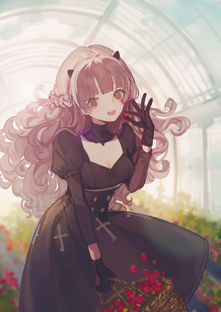 1girl absurdres bangs black_dress black_gloves blurry blurry_background botanical_garden braid breasts cleavage cross curly_hair dress food foot_hair fruit garden gloves grey_eyes grey_hair hair_ornament highres holding holding_food light_rays long_hair long_sleeves looking_at_viewer nanami_(punishing:_gray_raven) open_mouth punishing:_gray_raven rooftop senryoko small_breasts smile solo strawberry sunbeam sunlight