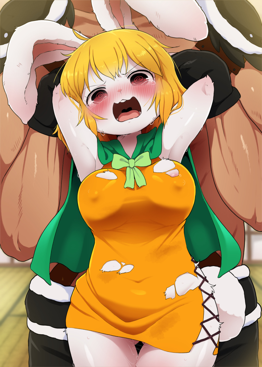1boy 1girl @_@ animal_ears armpits arms_behind_head ass_visible_through_thighs black_gloves blonde_hair body_fur breasts carrot_(one_piece) commentary_request covered_navel covered_nipples dagashi_(daga2626) furry furry_female gloves highres large_breasts one_piece open_mouth rabbit_ears rabbit_girl rabbit_tail red_eyes short_hair solo_focus tail tears teeth thighs torn_clothes upper_teeth
