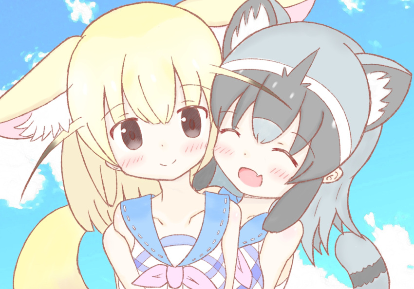 2girls :d ^_^ animal_ear_fluff animal_ears bangs bare_shoulders black_eyes black_hair blonde_hair blue_sailor_collar blue_sky blush closed_eyes closed_mouth cloud collarbone commentary_request common_raccoon_(kemono_friends) day dress eyebrows_visible_through_hair fang fennec_(kemono_friends) fox_ears fox_girl fox_tail grey_hair hair_between_eyes kemono_friends multicolored_hair multiple_girls outdoors raccoon_ears raccoon_girl raccoon_tail ribbon_trim sailor_collar sailor_dress sky sleeveless sleeveless_dress smile sunanuko_(ramuneko) tail two-tone_hair upper_body white_dress white_hair