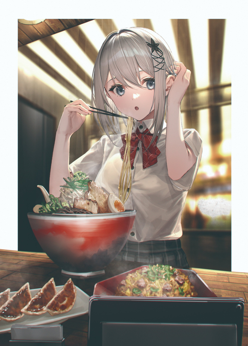 1girl absurdres blurry blurry_background bowl buttons character_request chopsticks collared_shirt copyright_request eating egg food hair_between_eyes hand_in_hair hands_up highres holding holding_chopsticks indoors neck_ribbon noodles open_mouth red_ribbon ribbon school_uniform shirt short_hair short_sleeves sidelocks silver_hair skirt solo takubon white_hair white_shirt