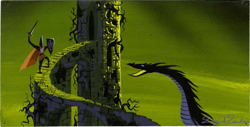 1959 20th_century ancient_art armor better_version_at_source castle concept_art disney dragon duo eyvind_earle female feral fight gouache_(artwork) human interspecies knight larger_feral macro male maleficent mammal melee_weapon official_art outside painting_(artwork) plant ruins scalie shield size_difference sleeping_beauty_(1959) smaller_human sword traditional_media_(artwork) warrior weapon western_dragon