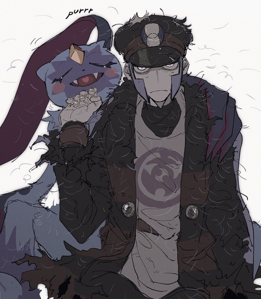 1boy black_coat black_headwear blush_stickers closed_eyes closed_mouth coat commentary_request eyelashes facial_hair frown goatee grey_eyes grey_hair hand_up hat heart heart_in_mouth highres ingo_(pokemon) long_sleeves looking_at_viewer male_focus open_clothes open_coat pearl_clan_outfit pokemon pokemon_(creature) pokemon_(game) pokemon_legends:_arceus short_hair sideburns sneasler thxzmgn torn_clothes torn_coat white_background