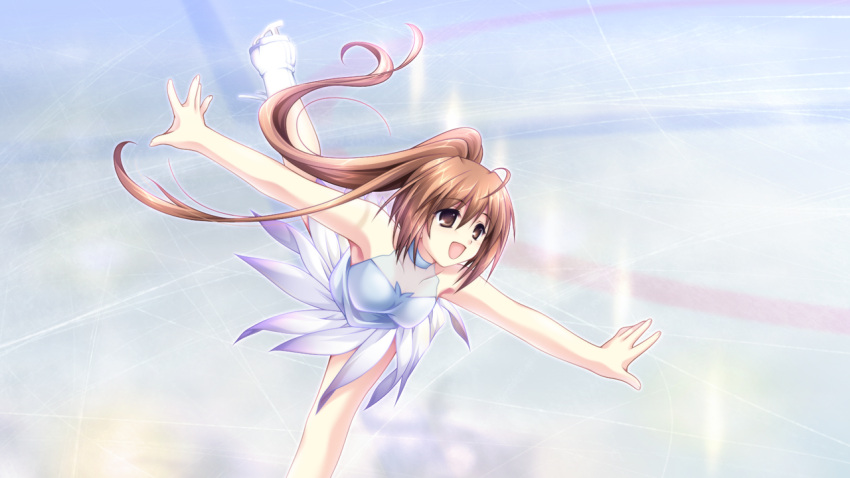 1girl :d ahoge alpha_(yukai_na_nakamatachi) armpits azai_kanon bangs brown_eyes brown_hair dress eyebrows_visible_through_hair floating_hair g-senjou_no_maou game_cg grey_dress hair_between_eyes ice_skates ice_skating leg_up long_hair outstretched_arms outstretched_hand ponytail shiny shiny_hair short_dress skates skating sleeveless sleeveless_dress smile solo very_long_hair