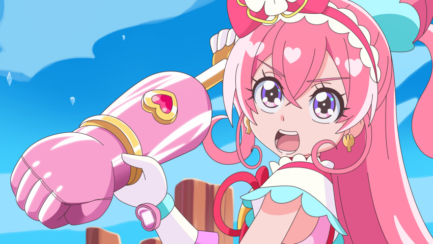 1girl bangs bow crossed_bangs cure_precious delicious_party_precure earrings eyebrows_visible_through_hair gloves gourmet_spicer hair_between_eyes hair_bow highres huge_bow jewelry long_hair magical_girl nagomi_yui open_mouth parody pink_hair precure purple_eyes solo toriko_(series) umuamu upper_body very_long_hair white_gloves