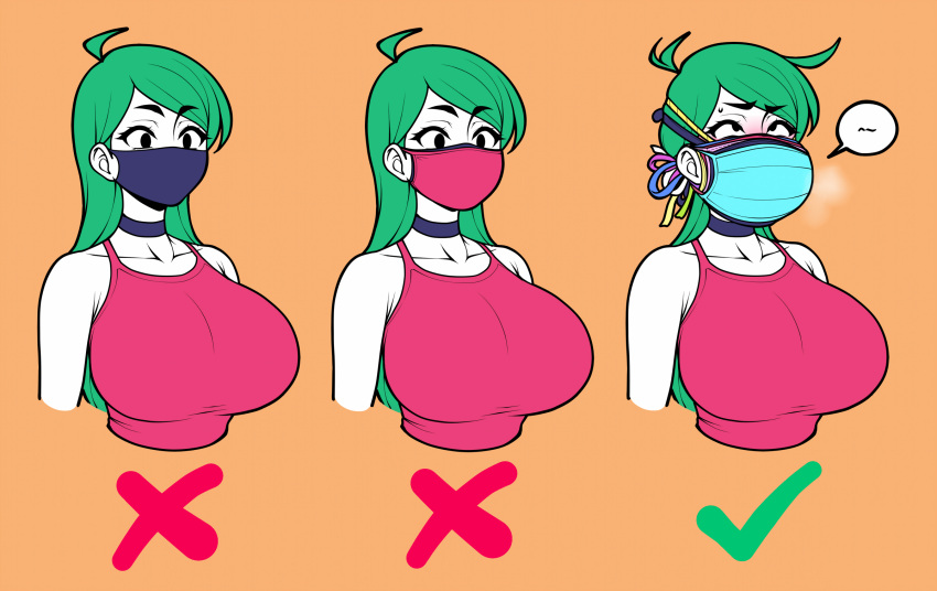 1girl ahegao ahoge armpit_crease bangs bare_shoulders black_eyes blue_choker blue_mask breasts breath choker cleavage collarbone commentary cropped_torso english_commentary eyebrows_visible_through_hair green_hair highres huge_breasts jam-orbital long_hair mask mouth_mask multiple_masks multiple_views no_pupils orange_background original pink_mask pink_shirt shirt simple_background speech_bubble surgical_mask swept_bangs tank_top tight tight_shirt upper_body yellow_mask