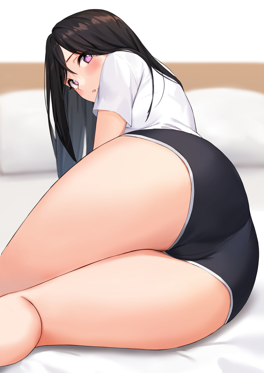 1girl :o absurdres anti_(0324) ass ass_focus bangs bare_legs bed bed_sheet black_hair black_shorts blurry blurry_background blush commentary english_commentary from_behind highres long_hair looking_at_viewer looking_back lying mole mole_under_mouth on_bed on_side original parted_lips pillow pink_eyes shirt short_shorts short_sleeves shorts solo thighs white_shirt