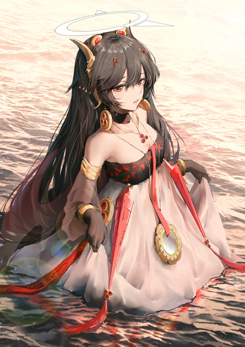 1girl absurdres accessories alternate_costume bangs bare_shoulders black_gloves black_hair bracelet breasts choker cleavage detached_sleeves dress earrings erjian gloves hair_between_eyes hair_ornament halo highres holding holding_clothes holding_dress in_water jewelry light_particles light_reflection_(water) long_hair looking_to_the_side lucia_(punishing:_gray_raven) mole mole_under_eye multicolored_clothes multicolored_dress necklace official_alternate_costume open_mouth punishing:_gray_raven red_eyes small_breasts water waves wet wet_clothes wet_dress white_dress