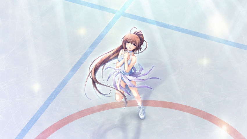 1girl :d alpha_(yukai_na_nakamatachi) azai_kanon bangs blush brown_eyes brown_hair collarbone covered_navel eyebrows_visible_through_hair floating_hair from_above full_body g-senjou_no_maou game_cg grey_leotard hair_between_eyes ice_skates ice_skating leotard long_hair ponytail shiny shiny_hair skates skating smile solo standing sunlight very_long_hair white_footwear