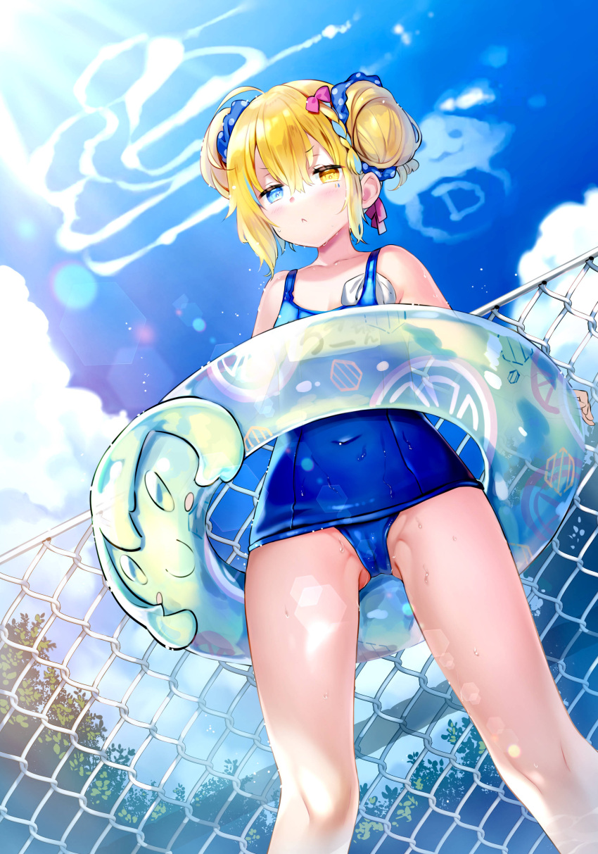 1girl :&lt; absurdres bangs bare_shoulders blonde_hair blue_eyes blue_scrunchie blue_sky blue_swimsuit cameltoe chain-link_fence closed_mouth cloud commentary_request covered_navel day double_bun eyebrows_visible_through_hair feet_out_of_frame fence hair_between_eyes hair_ornament hair_scrunchie heterochromia highres innertube looking_at_viewer old_school_swimsuit outdoors polka_dot polka_dot_scrunchie rei_(rei's_room) school_swimsuit scrunchie sky solo standing swim_cap swim_cap_removed swimsuit v-shaped_eyebrows white_headwear yellow_eyes