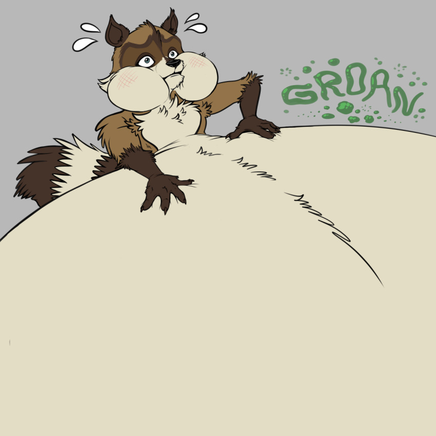 1:1 2021 belly belly_inflation big_belly cheek_bulge eggo21 feral fur groan hand_on_stomach hi_res hyper hyper_belly hyper_inflation inflation looking_worried male mammal nervous_sweat over_the_hedge procyonid puffed_cheeks raccoon rj_(over_the_hedge) solo sound_effects