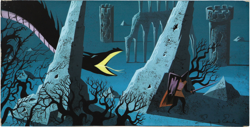 1959 20th_century ancient_art armor better_version_at_source castle concept_art disney dragon duo eyvind_earle female feral fight gouache_(artwork) human interspecies knight larger_feral macro male maleficent mammal melee_weapon official_art outside painting_(artwork) plant ruins running scalie shield size_difference sleeping_beauty_(1959) smaller_human sword traditional_media_(artwork) tree warrior weapon western_dragon