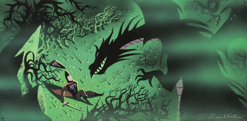 1959 20th_century ancient_art armor better_version_at_source concept_art defeated disney dominant dominant_female dragon duo eyvind_earle female feral fight forest gouache_(artwork) hi_res human imminent_death interspecies knight larger_feral macro male maleficent mammal melee_weapon official_art outside painting_(artwork) plant ruins running scalie shield size_difference sleeping_beauty_(1959) smaller_human sword traditional_media_(artwork) tree warrior weapon western_dragon