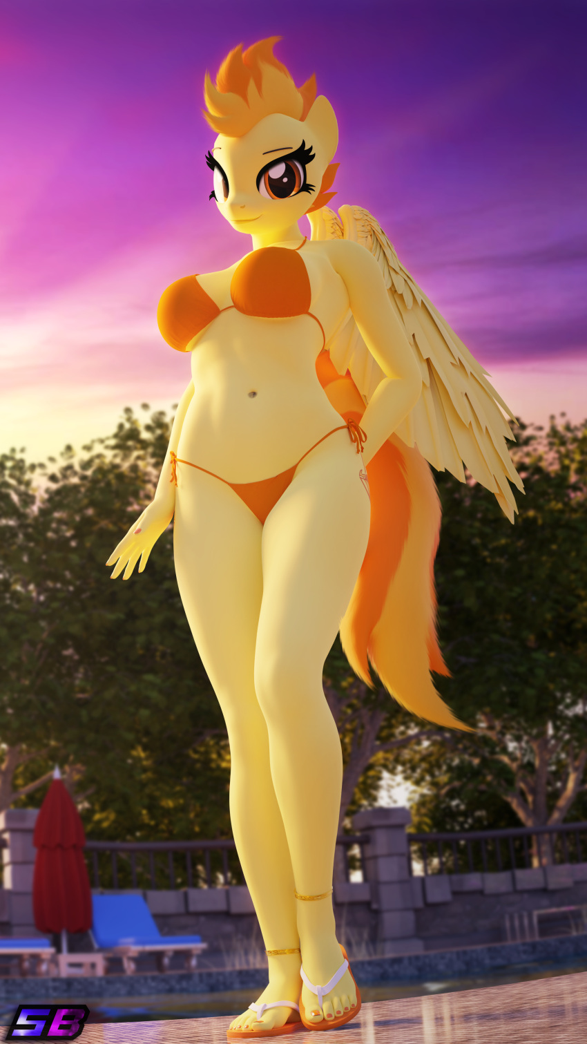 3d_(artwork) 4k 9:16 absurd_res anklet anthro anthrofied bikini blonde_hair breasts brown_eyes butt chair cleavage clothed clothing cutie_mark digital_media_(artwork) equid equine feathered_wings feathers flip_flops footwear friendship_is_magic furniture hair hasbro hi_res jewelry looking_at_viewer lounge_chair mammal my_little_pony orange_hair pegasus sandals shadowboltsfm solo spitfire_(mlp) swimming_pool swimwear wings wonderbolts_(mlp)