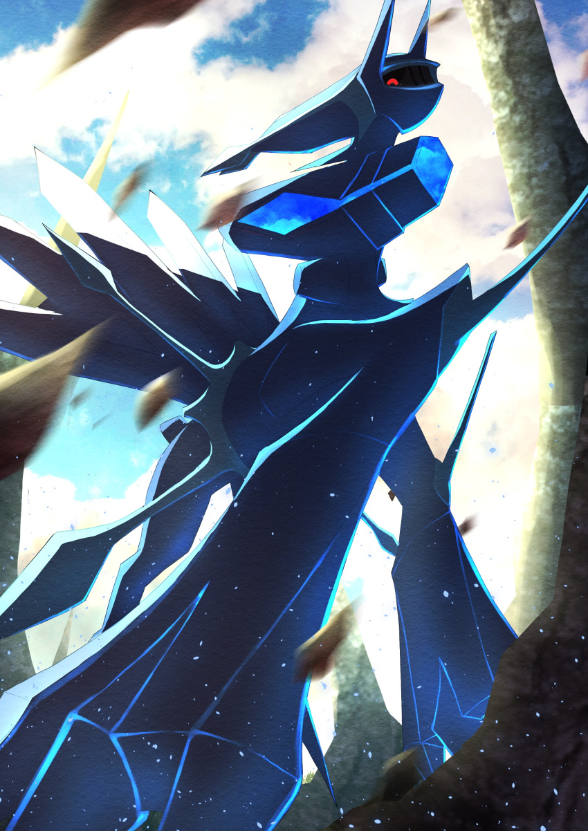 absurdres black_sclera blurry cloud colored_sclera commentary_request day dialga dialga_(origin) from_below highres looking_down no_humans outdoors pokemon pokemon_(creature) red_eyes ririri_(user_rkrv7838) sky solo spikes