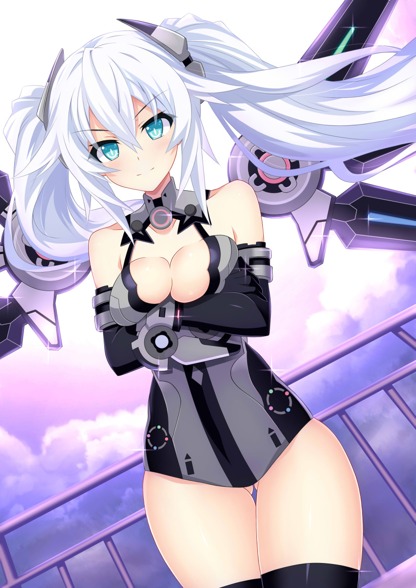 1girl absurdres bangs black_gloves black_heart black_leotard blue_eyes blush breasts cleavage eyebrows_visible_through_hair gloves grey_hair hair_between_eyes hatsune_haruka highres kami_jigen_game_neptune_v large_breasts leotard long_hair looking_at_viewer neptune_(series) smile solo twintails very_long_hair