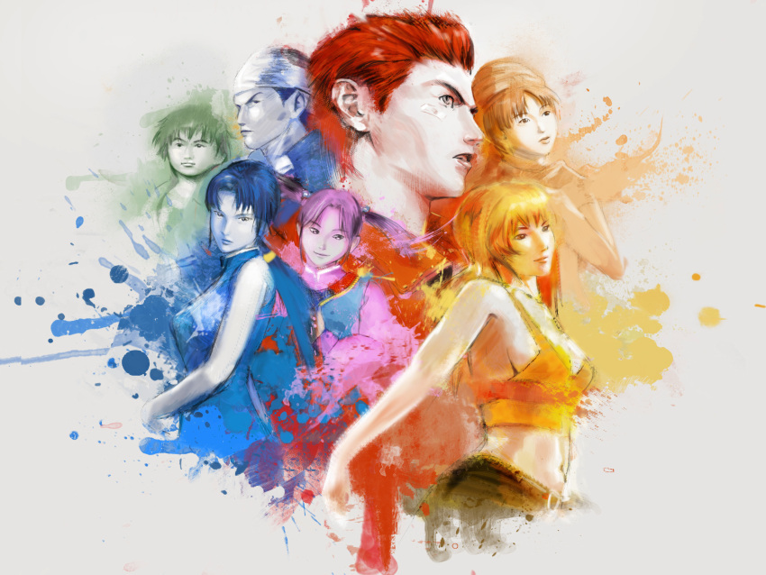 3boys 3girls absurdres arms_behind_back bandaid bandaid_on_face bandana bangs belt black_hair brown_hair chinese_clothes colorful denim hazuki_ryou highres hong_xiu_ying jeans jewelry joy_(shenmue) ling_shen_hua long_hair looking_at_viewer looking_away low-tied_long_hair multiple_boys multiple_girls ni_xian_weng orange_hair orange_shirt pants phoonaru ren_wu_ying sega shenmue shenmue_ii shirt spiked_hair splatter twintails white_bandana xun_fang_mei