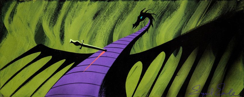 1959 20th_century ancient_art better_version_at_source blood bodily_fluids disney dragon eyvind_earle female feral fire gouache_(artwork) hi_res human macro maleficent mammal melee_weapon official_art painting_(artwork) scalie sleeping_beauty_(1959) solo stab sword traditional_media_(artwork) weapon western_dragon wounded