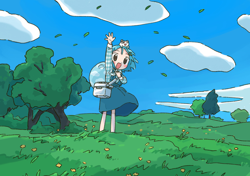 &gt;_&lt; 1girl 1nupool :3 :d arm_up bangs black_eyes blue_dress blue_hair blue_shirt blue_sky blush_stickers bush cloud cloud_print cloudy_sky cooler creature_on_head day dot_nose dress falling_leaves feet_out_of_frame floating_hair flower frilled_dress frills from_side grass hair_ornament hairclip highres hill leaf legs_apart long_sleeves looking_afar looking_ahead looking_at_viewer medium_dress no_pupils on_head open_hand open_mouth original outdoors plaid plaid_shirt sack scenery shade shirt short_hair sky smile solo standing tareme tree waving waving_arm wide_shot wind x3 yellow_flower
