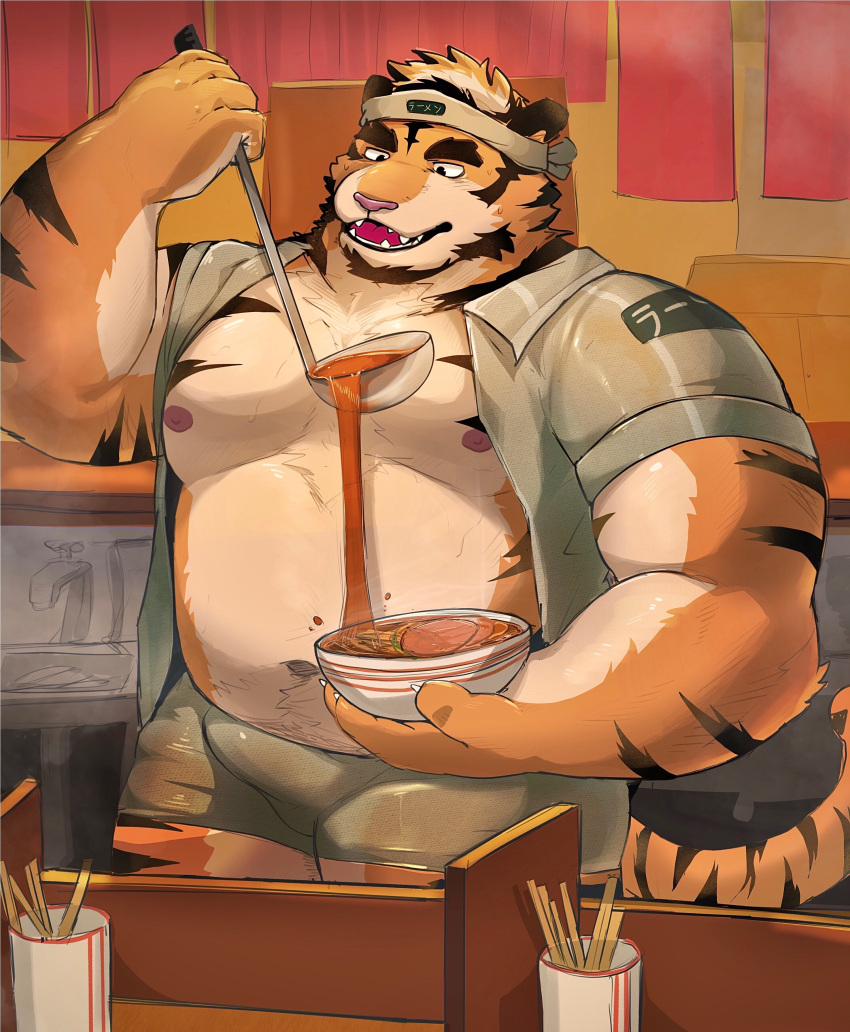2022 absurd_res anthro bottomwear bulge clothing detailed_background felid food genital_outline hi_res humanoid_hands kemono male mammal moobs morningbread16 musclegut navel nipples noodles overweight overweight_male pantherine penis_outline ramen shorts solo tiger