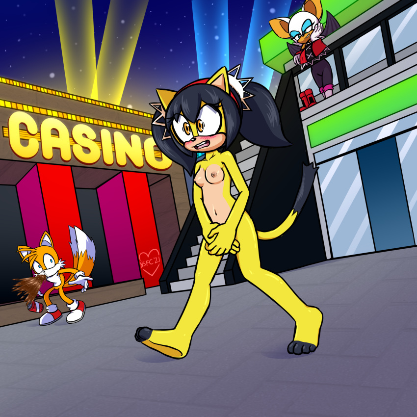 1:1 anthro beverage canid canine casino chiropteran clothing coffee discarded_clothing domestic_cat embarrassed_nude_female felid feline felis female fox group hi_res lost_bet male mammal miles_prower notsafeforcurt nude public public_nudity rouge_the_bat sega sonic_the_hedgehog_(series) spit-take streaking