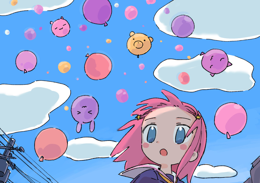 &gt;_&lt; ._. 1girl 1nupool :3 :o backlighting balloon bangs bear blouse blue_eyes blue_sky blush_stickers bunny cat closed_eyes cloud cloudy_sky creature day dot_nose floating floating_hair from_below hair_ornament highres looking_afar looking_ahead neckerchief no_pupils open_mouth original outdoors perspective pink_hair portrait power_lines sailor_collar scenery school_uniform serafuku sky solo star_(symbol) star_hair_ornament u_u utility_pole white_sailor_collar wind x3 yellow_neckerchief