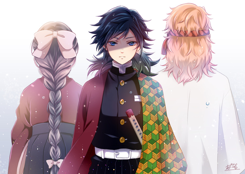 1girl 2boys asymmetrical_clothes back-to-back belt black_hair blue_eyes bow braid braided_ponytail brother_and_sister colored_tips facing_away frown hakama haori headband highres japanese_clothes katana kimetsu_no_yaiba kumaru_ayaka light_particles long_hair long_sleeves looking_at_viewer medium_hair meiji_schoolgirl_uniform memory multicolored_hair multiple_boys orange_hair pink_bow sabito_(kimetsu) shaded_face siblings simple_background single_braid solo_focus straight-on sword tomioka_giyuu tomioka_tsutako uniform upper_body very_long_hair weapon white_background