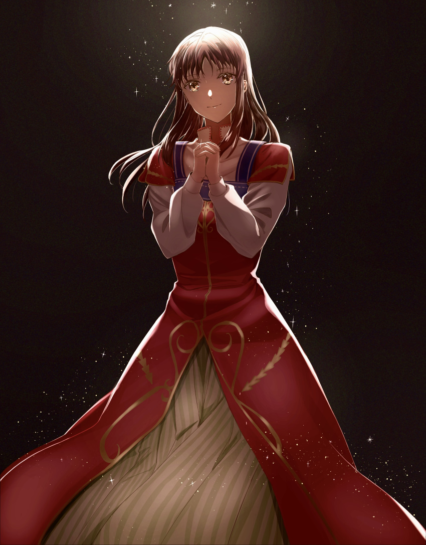 1girl absurdres brown_eyes brown_hair coconoe_(kazura_kuju) dark_background dress highres long_hair long_sleeves looking_at_viewer own_hands_together red_dress seijo_no_maryoku_wa_bannou_desu simple_background solo sparkle standing takanashi_sei