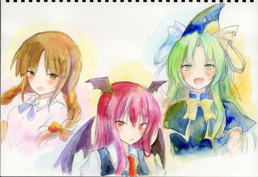 3girls :d :o bat_wings black_vest blush bow bowtie braid cropped_torso eyebrows_visible_through_hair green_eyes green_hair hat head_wings highres koakuma long_hair looking_at_viewer mima_(touhou) multiple_girls necktie open_mouth orange_eyes orange_hair protected_link red_eyes red_hair red_necktie rika_(touhou) shirt short_sleeves sidelocks smile sweet_miuk_tea touhou touhou_(pc-98) traditional_media tsurime twin_braids upper_body v-shaped_eyebrows vest white_shirt wing_collar wings yellow_bow yellow_bowtie