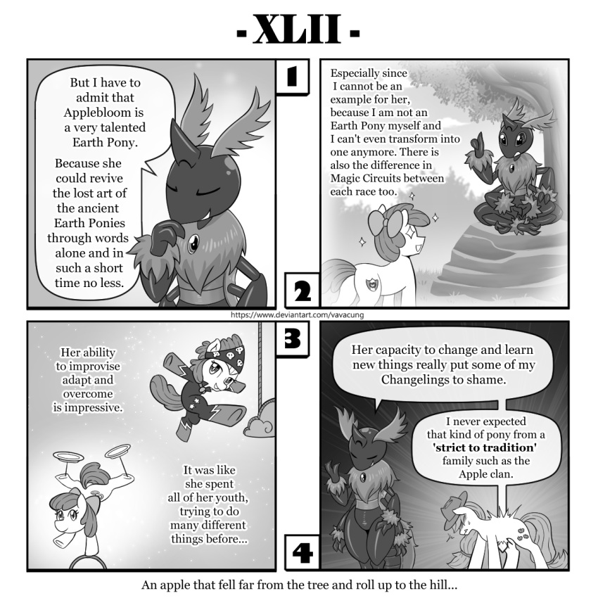 1:1 antennae_(anatomy) apple_bloom_(mlp) arthropod clothing comic costume cutie_mark dialogue english_text friendship_is_magic hasbro hi_res insect lepidopteran monochrome moth my_little_pony queen_chrysalis_(mlp) text url vavacung