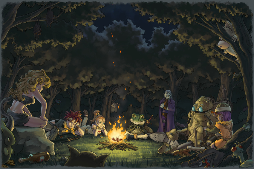 1other 3boys 3girls amade ayla_(chrono_trigger) bandana bare_arms blonde_hair bottle brown_gloves bug campfire cape chrono_trigger closed_eyes crono_(chrono_trigger) forest frog_(chrono_trigger) glasses gloves helmet jewelry long_hair long_sleeves lucca_ashtear lying magus_(chrono_trigger) marle_(chrono_trigger) multiple_boys multiple_girls nature night pendant purple_hair red_hair robo_(chrono_trigger) short_hair sitting square_enix standing sword tools weapon white_bandana