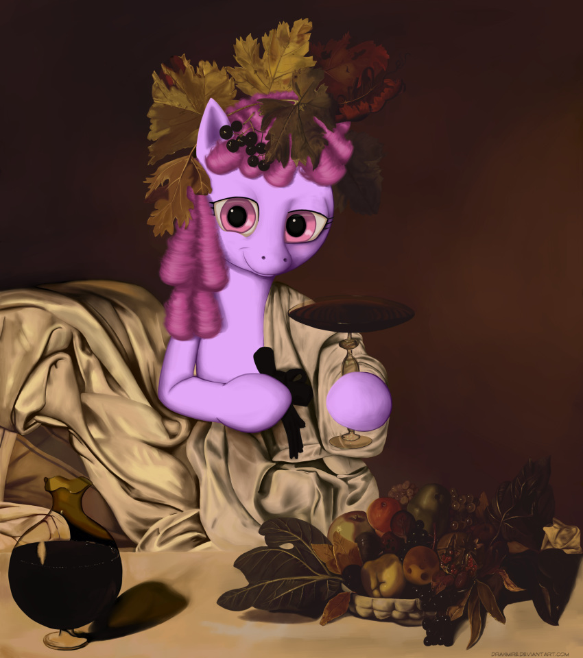 alcohol apple bacchus basket berry_punch_(mlp) beverage brown_background clothing container cup drakmire drinking_glass earth_pony equid equine female feral food friendship_is_magic fruit furniture glass glass_container glass_cup grape hi_res holding_glass holding_object horse inspired_by_formal_art leaf leaf_crown mammal my_little_pony pear pink_eyes pitcher plant pony purple_body rotting simple_background solo table text toga url wine wine_glass