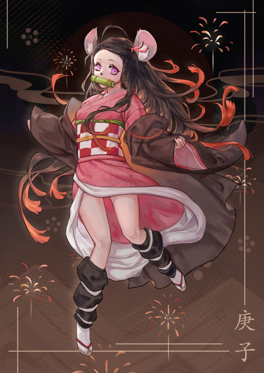 1girl ahoge animal_ear_fluff animal_ears anmaki arm_warmers bit_gag black_coat black_hair border brown_background chinese_zodiac coat colored_tips english_commentary floating_hair full_body gag hair_ribbon haori highres japanese_clothes jumping kamado_nezuko kemonomimi_mode kimetsu_no_yaiba kimono long_hair long_sleeves looking_at_viewer mixed-language_commentary mouse_ears multicolored_hair obi off_shoulder orange_hair orange_ribbon pinching_sleeves pink_kimono ribbon sash solo tabi two-tone_hair very_long_hair wide_sleeves year_of_the_rat